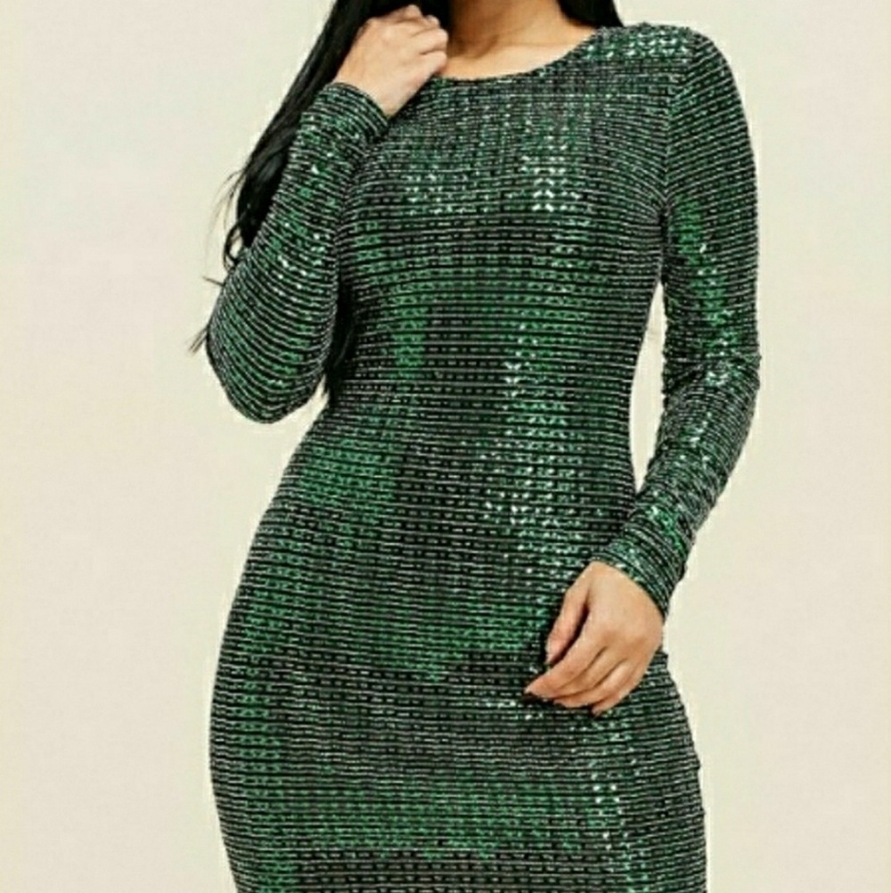 Long Sleeve Green Black Metallic Formal Midi Party Dress